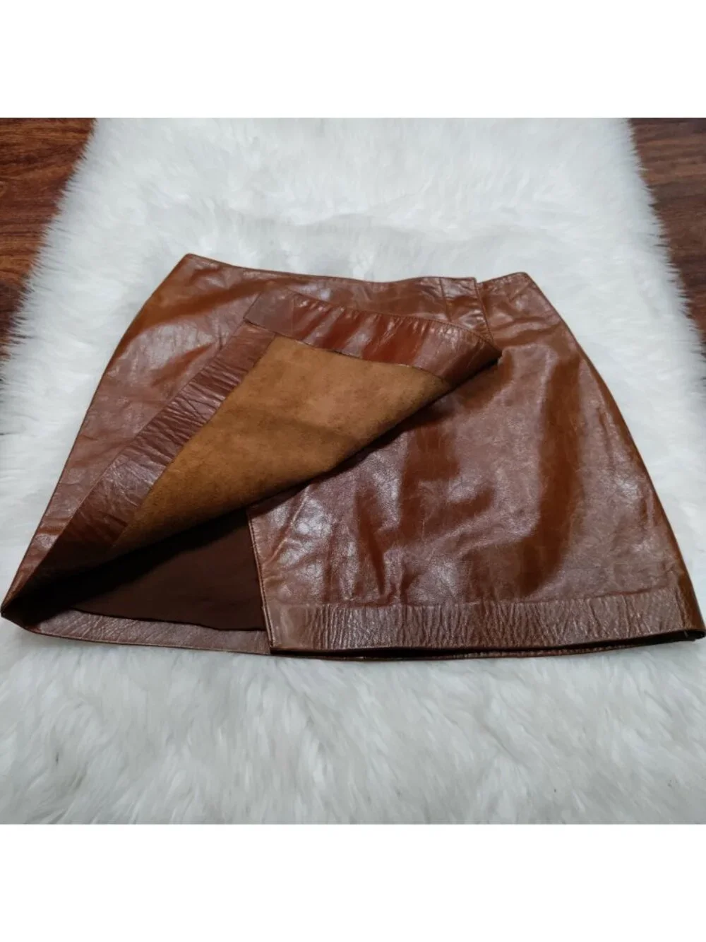 Hugo Buscati 100% Leather Antique 70s Style Brown A-Line Wrap Mini Skirt Size 6 - Picture 16 of 16